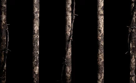 Rusty cage bars with barbed wire.