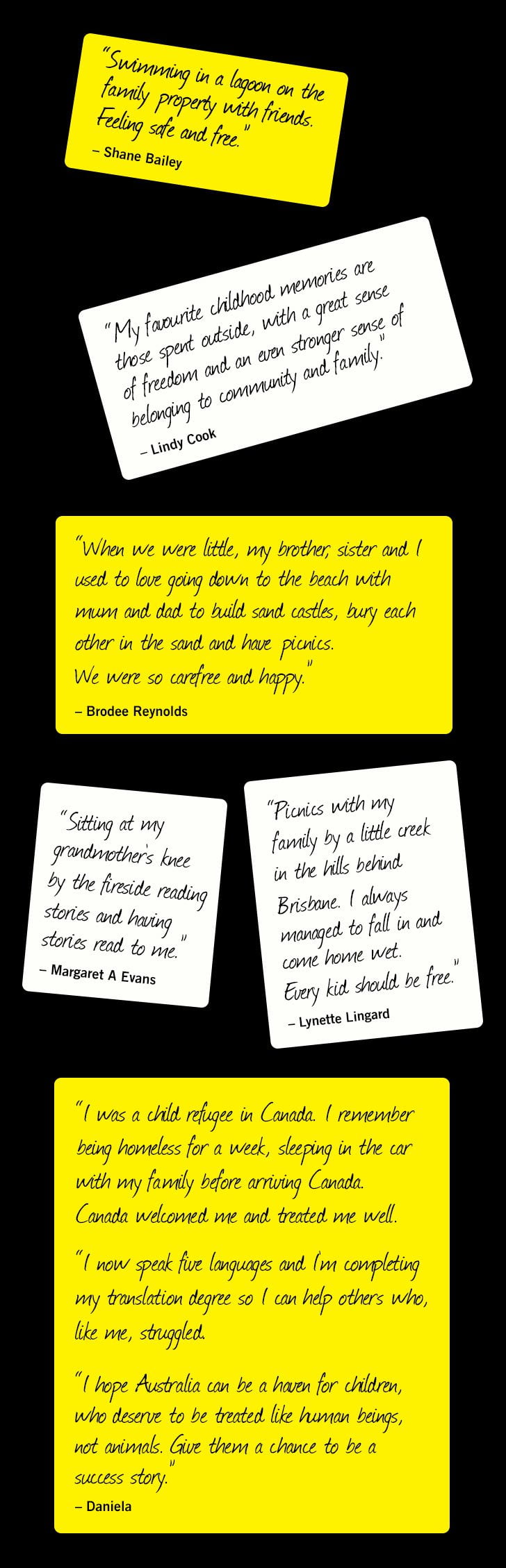 illustratied pinboard with notes on it in black and white, shaing childhood memories form several different people