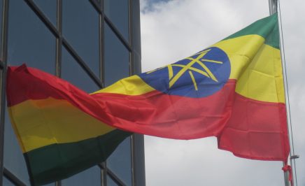 Photograph of the Ethiopian flag flying outside an unidentified official building in the country