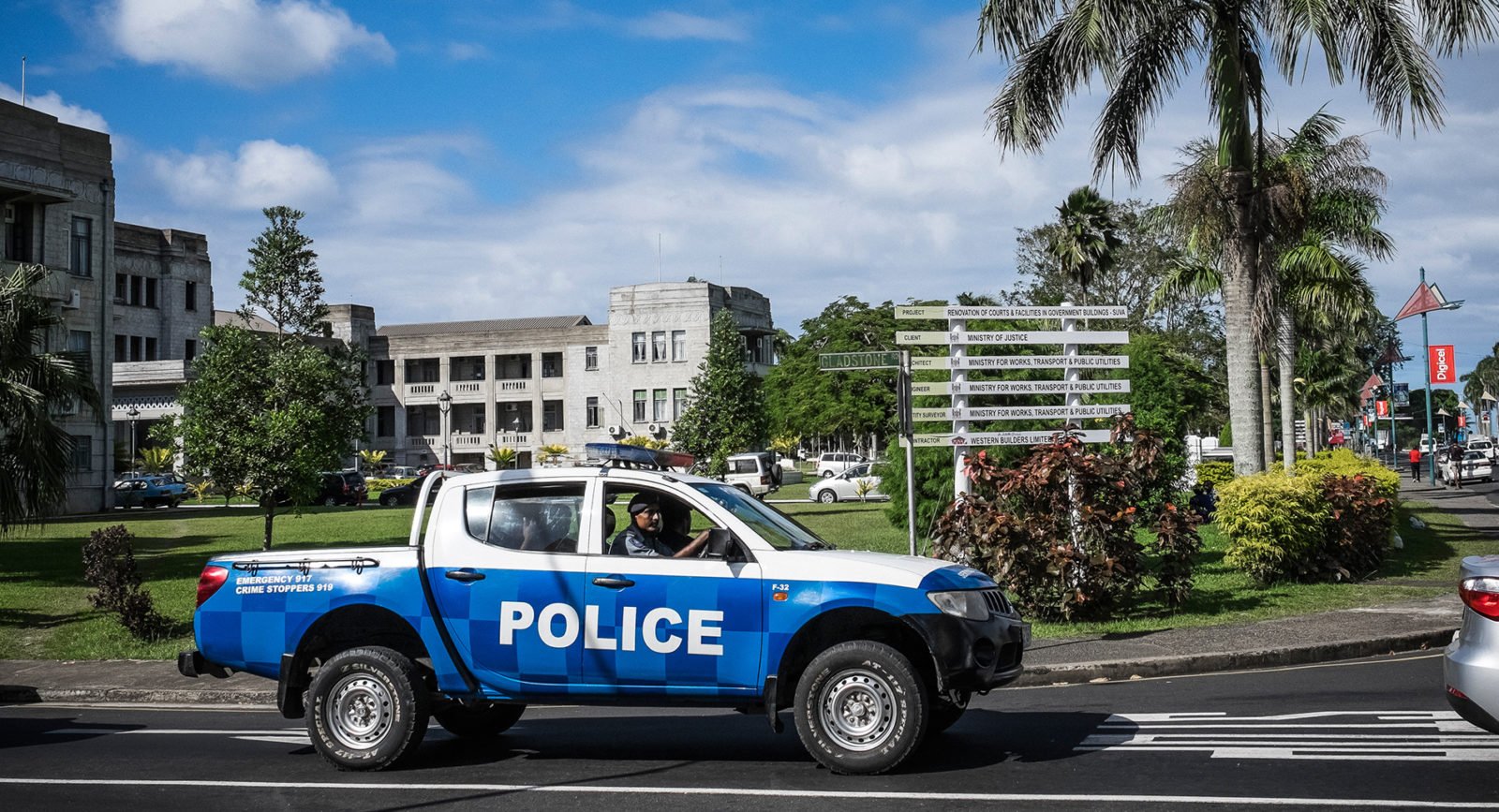 A Fijian police car in a busy street