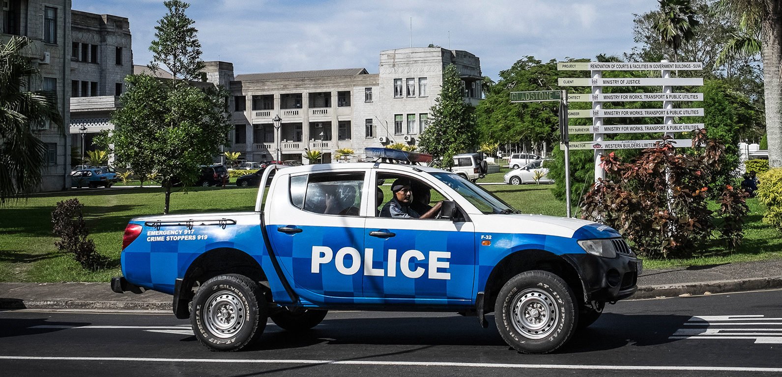 A Fijian police car in a busy street