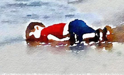 A watercolour illustration of drowned refugee infant Aylan Kurdi.