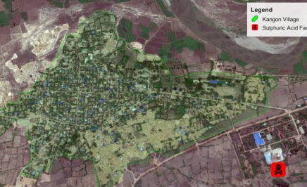 Satellite image of the Moe Gyo Sulphuric Acid Factory and Kankone Village, which is about 200m away