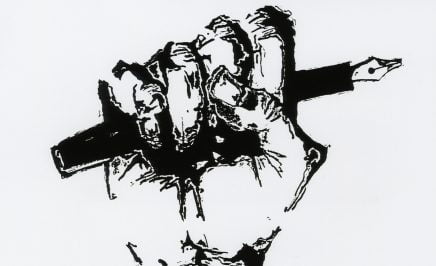 Pen and ink drawing showing a hand shaped into a fist holding a fountain pen