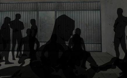 A cartoon of shadows of men in a prison cell