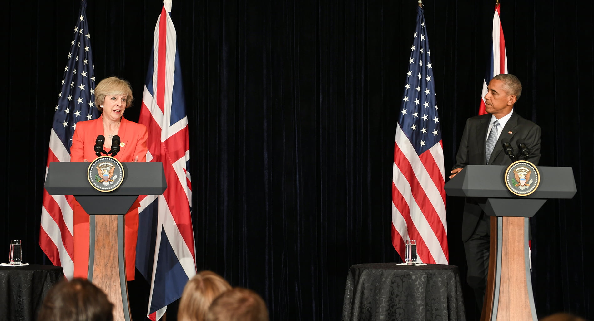 Theresa May and Barack Obama holding a joint press conference at the G20 in Hangzhou, China, 2016.