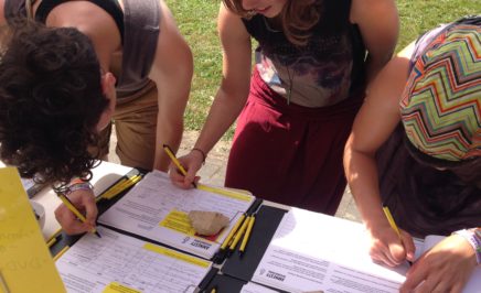 People sign petitions at the Cygnet Folk Festival in Tasmania