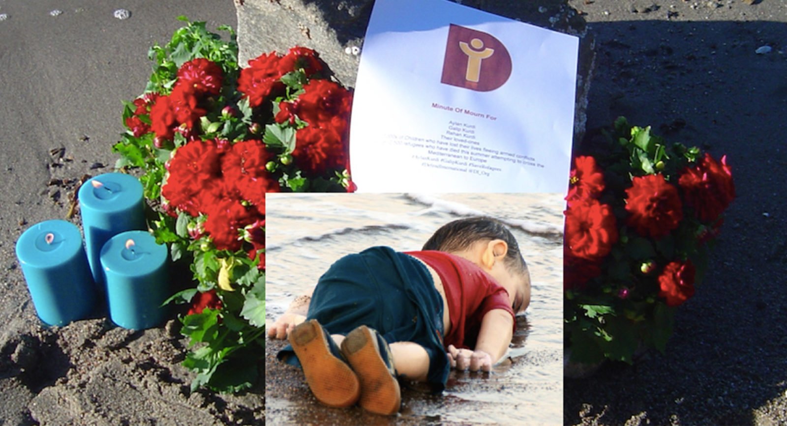 A memorial of flowers and a note at the site where Syrian refugee Alan Kurdi drowned.