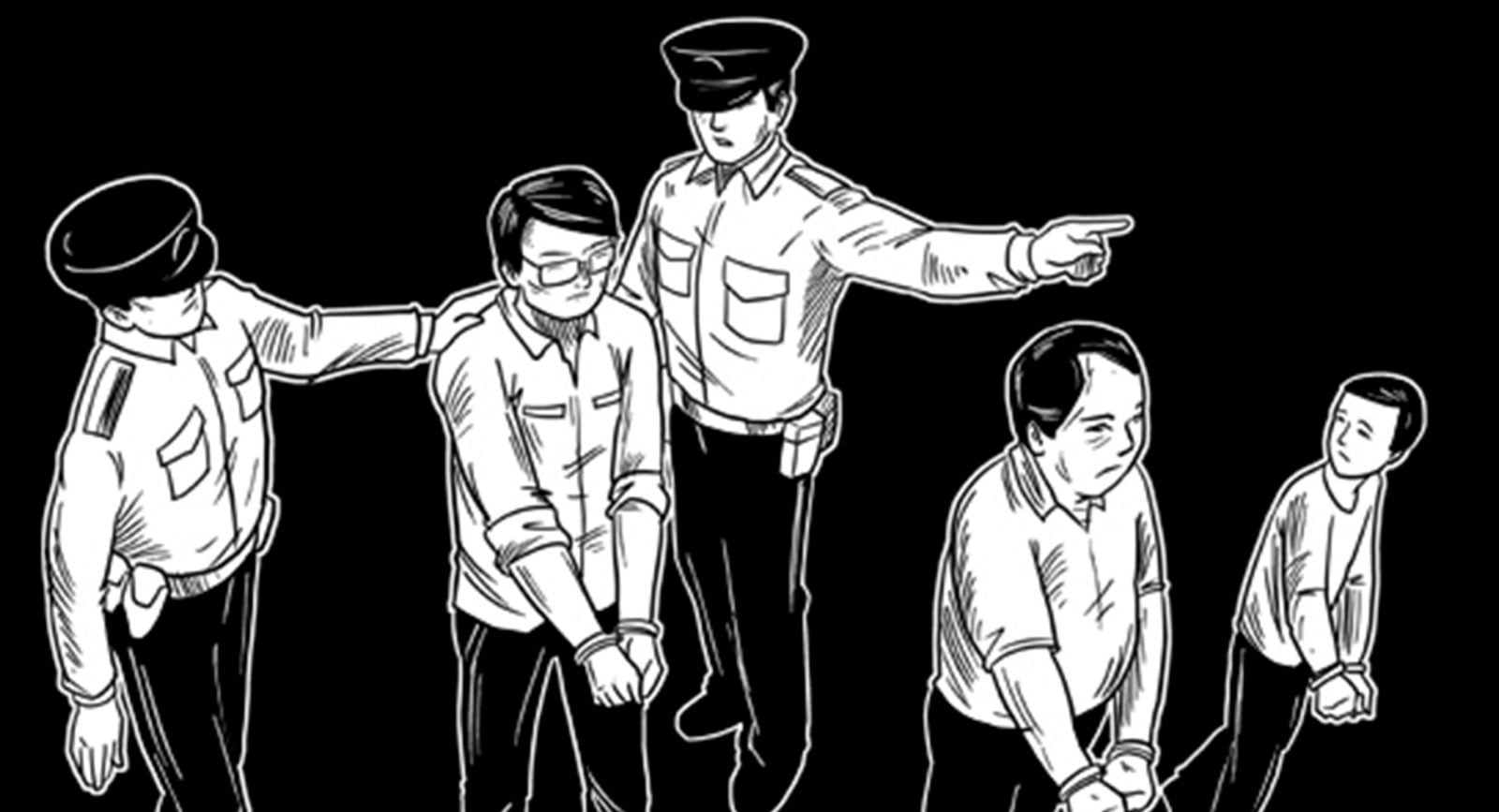 Illustration of police officers and prisoners