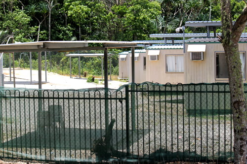 Fenced area with makeshift houses at the Phosphate Hill detention centre on Christmas Island, where children and families are detained