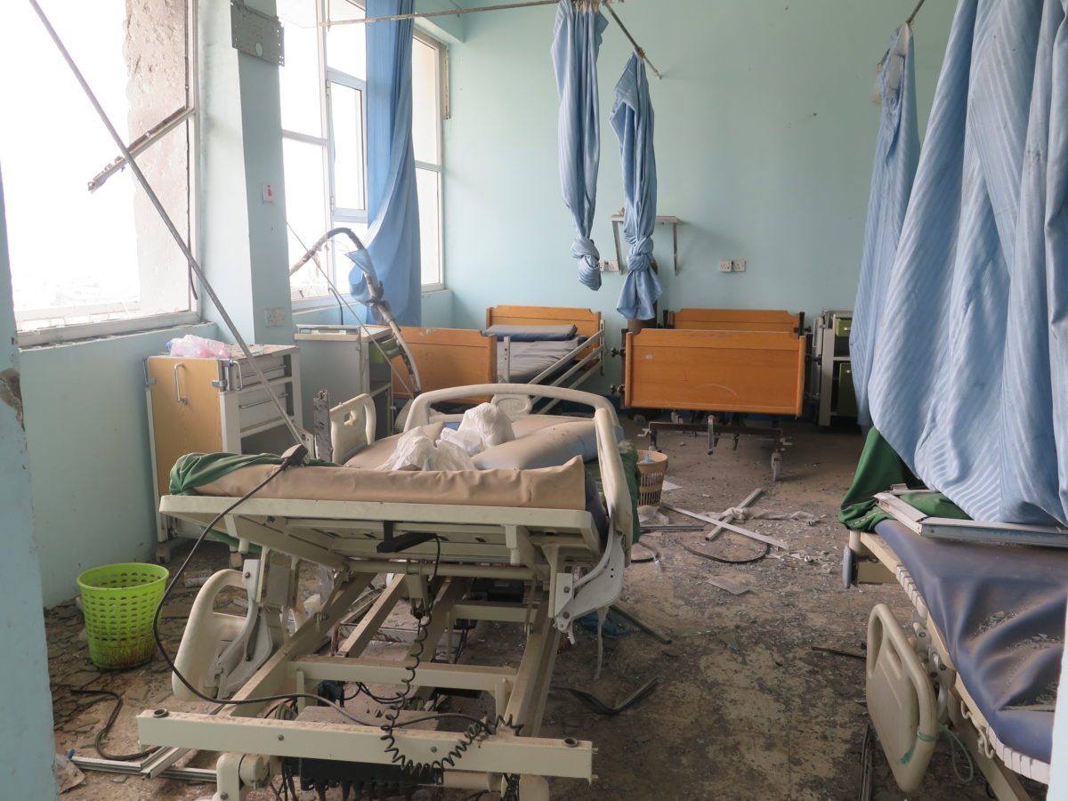 A hospital room damaged by bombing in Ta'iz, Yemen