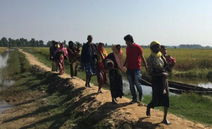 Rohingya refugees crossing the border into Bangladesh.