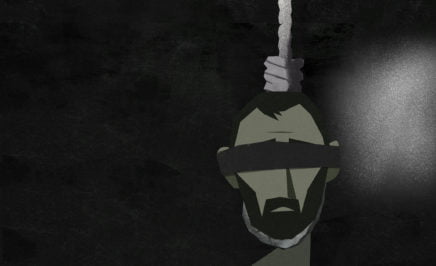 Illustration showing the face of a blindfolded, bearded man hanged by a noose