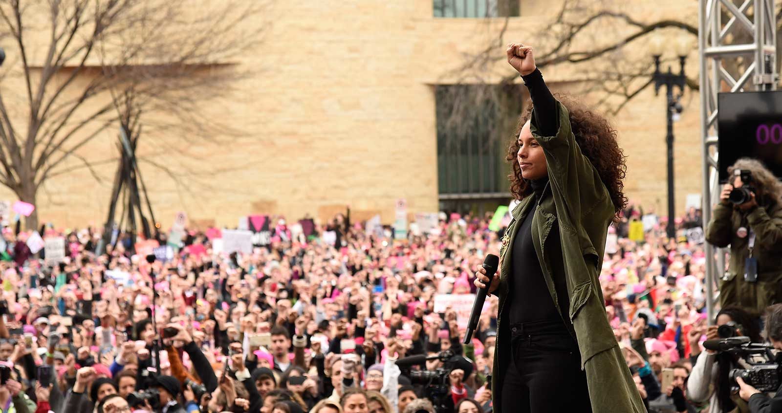 Alicia Keys speaks onstage at the rally at the Women's March on Washington