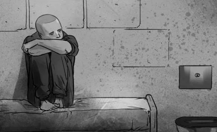 An illustration of a young boy in a prison cell