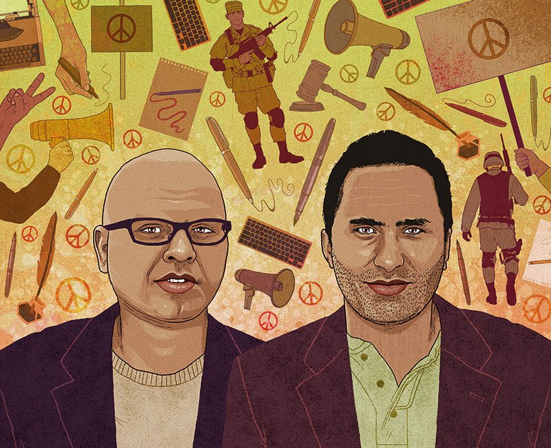 An illustration showing two men standing side-by-side and looking outwards. The two men in the illustration are wearing various shades of brown and a backdrop of Israel-related graffiti is behind them.