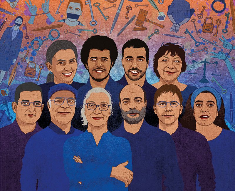 An illustration showing four women and six men standing in a group and looking outwards. The people in the illustration are wearing various shades of blue and a backdrop of Istanbul-related graffiti is behind them.