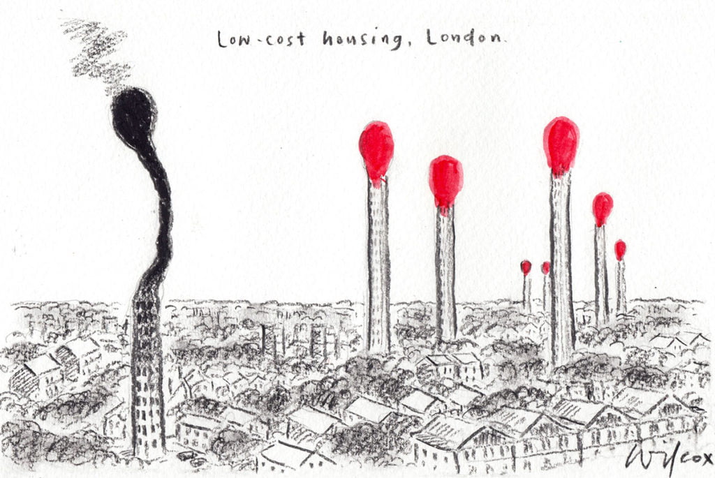 Cartoon showing the London skyline. In the foreground a giant used matchstick in the shape of apartment block Grenfell Tower smoulders, In the background there are seven other apartment buildings designed to look like unlit matchsticks.