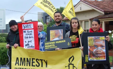 South Australian Activists outside Federal Minister Christopher Pyne's office with Amnesty banners and flags & posters calling for a National Plan of Action for Community is Everything campaign (Indigenous Youth Justice)