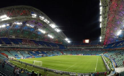 A panoramic view of the interior of Fisht Olympic Stadium in Sochia, Russia.