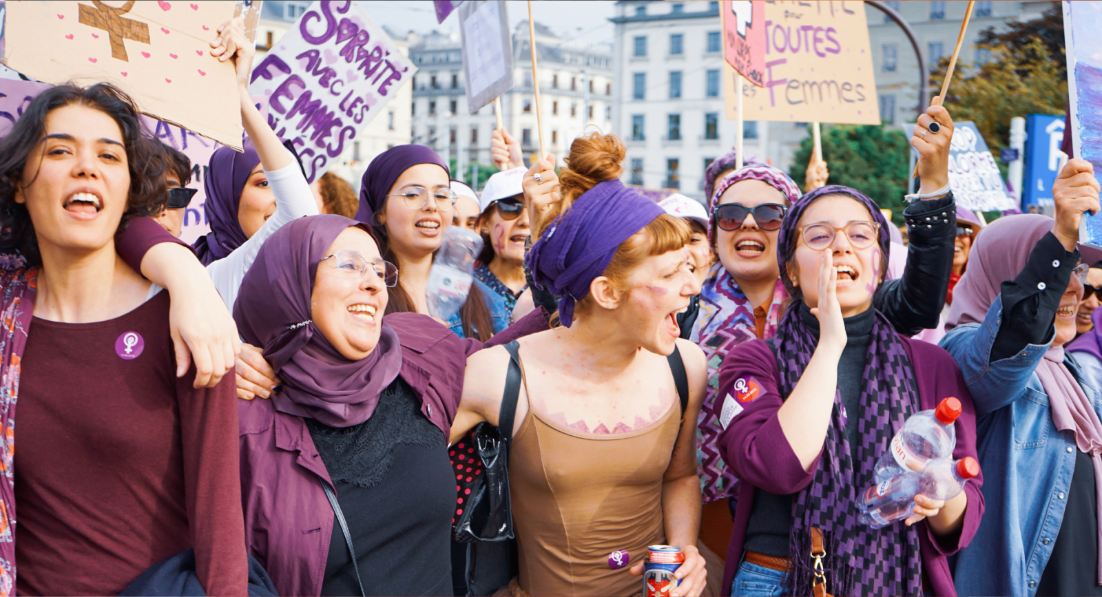 Members of 'Les Foulards Violets' (The Purple Scarves), a collective of Muslim and and non-Muslim women who stand in solidarity with those who wear the headscarf, at a protest in Geneva, Switzerland.