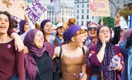Members of 'Les Foulards Violets' (The Purple Scarves), a collective of Muslim and and non-Muslim women who stand in solidarity with those who wear the headscarf, at a protest in Geneva, Switzerland.