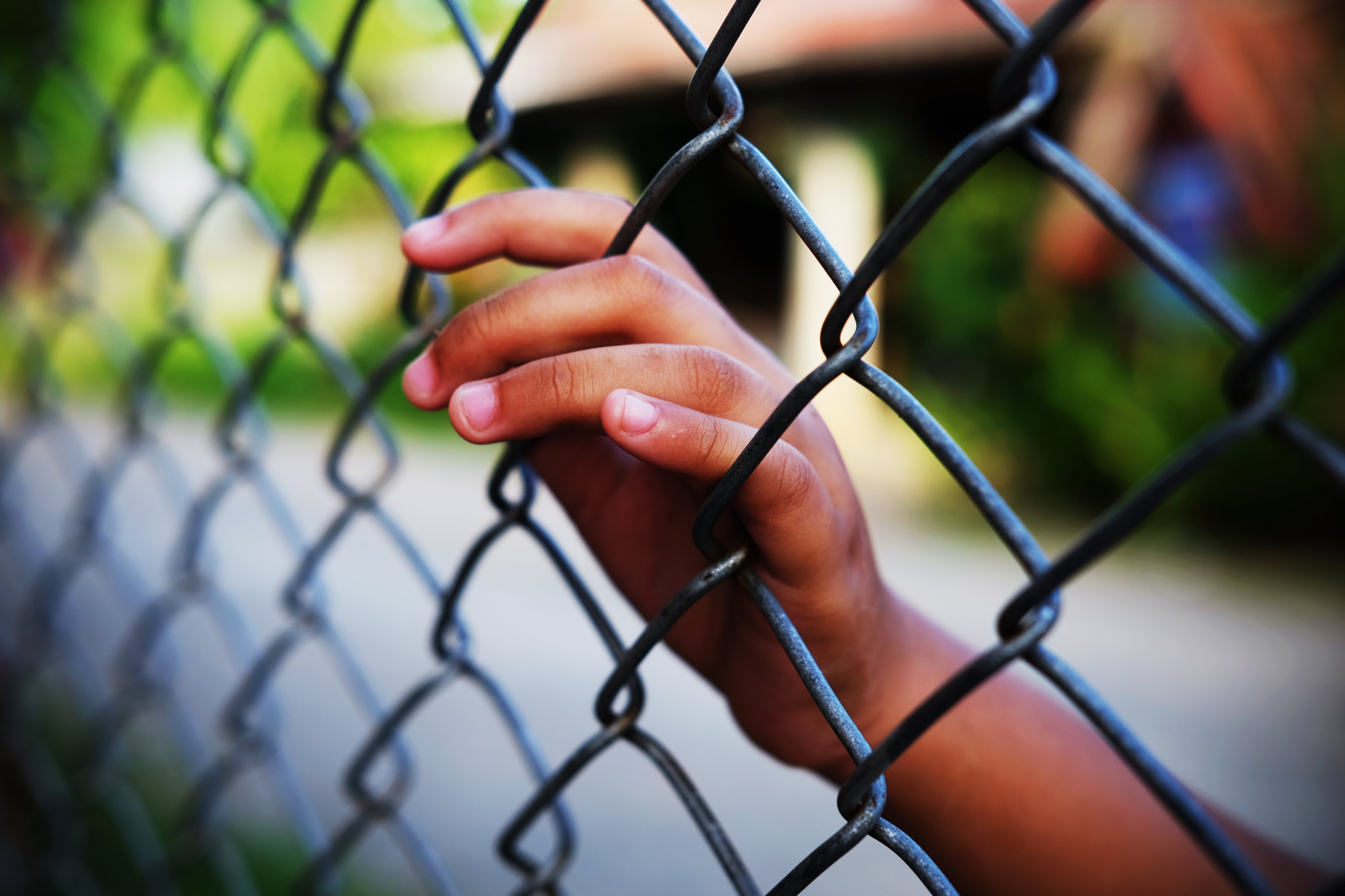 Young child's hand behind a fence.