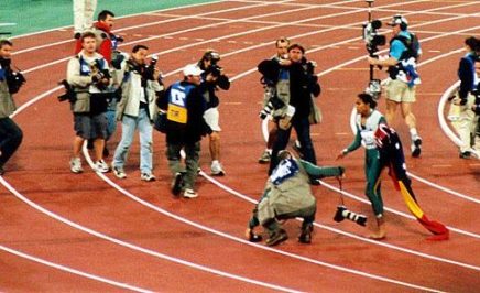 Cathy Freeman with the press at the 1994 Commonwealth Games in Canada