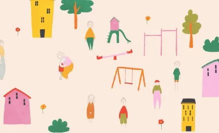 A still from an animation showing a playground with swings, trees and a see saw. Hand drawing style