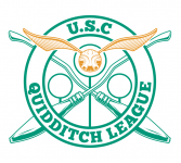 Logo of USC Quidditch League with golden snitch in the centre, crossed broomsticks and circular hoops