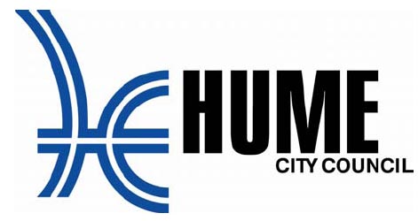 Blue curved shapes and black text saying Hume City Council