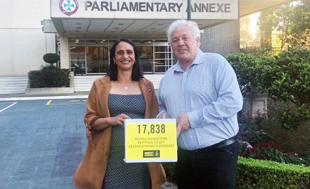 A man and a woman hold a yellox box with a sign on it reading: 17,838 people signed to get kids out of watch houses