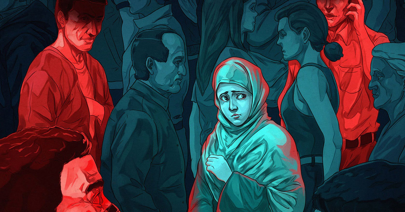 An illustration fromAmnesty International's "Nowhere feels safe" series, depicts an uncomfortable Uyghur woman in a crowd, living abroad.