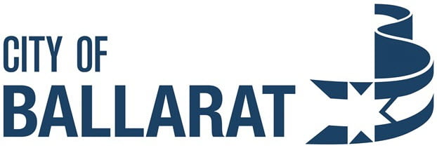 dark blue city of ballarat logo with wazing ribbon to the right of text