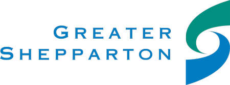 Greater Shepparton City Council Logo with blue text and a blue and green swirl to the right of the text