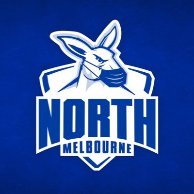 north melbourne football club logo, a blue outline of a kangaroo head wiith a mask over the text north melbourne on a white and blue background