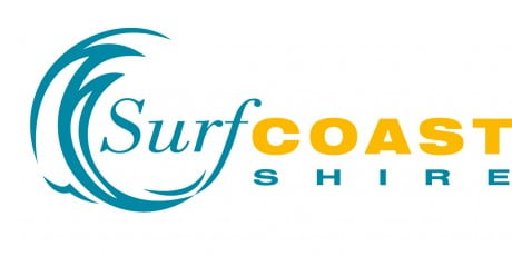 surf coast shire logo with blue curved shape surrounding the word surf, coast in yellow and shire in blue again