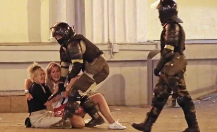 Police officers detain participants in a protest against the results of the 2020 Belarusian presidential election. According to the Central Election Commission of Belarus, incumbent president Alexander Lukashenko gets 80.08% of the votes, with Sviatlana Tsikhanouskaya polling 10.09%. Mass protests erupted in major cities across Belarus in the evening of August 9.