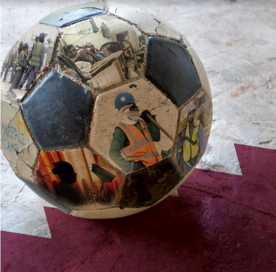 A soccer ball with images of migrant workers on the Qatar flag