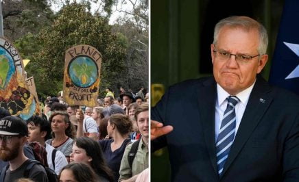 A split image - on the left, a crowd of school climate strikers. On the right, an image of Prime Minister Scott Morrison.